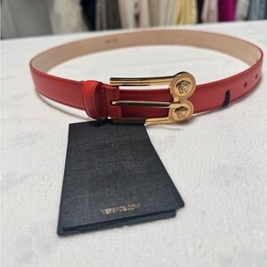 Versace Orange Leather Belt with Gold Medusa Double-Prong Buckle